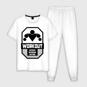 Мужская пижама хлопок с принтом WORKOUT Anybody Anywhere Anytime в Новосибирске, 100% хлопок | брюки и футболка прямого кроя, без карманов, на брюках мягкая резинка на поясе и по низу штанин
 | work out | воркаут | кач | качалка | качалочка | качок | спорт | тренажерка | турник