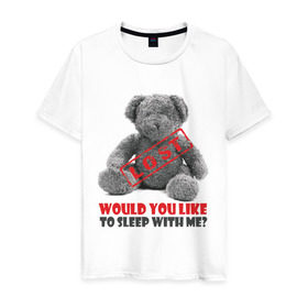 Мужская футболка хлопок с принтом I got lost my Teddy bear, would you like to sleep with me? в Новосибирске, 100% хлопок | прямой крой, круглый вырез горловины, длина до линии бедер, слегка спущенное плечо. | любовь | медвежонок | мишка | мишутка | переспать | постель