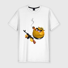 Мужская футболка премиум с принтом Smile Gangster в Новосибирске, 92% хлопок, 8% лайкра | приталенный силуэт, круглый вырез ворота, длина до линии бедра, короткий рукав | smile gangster | автомат | колобок | оружие | смайл гангстер