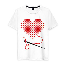 Мужская футболка хлопок с принтом Сердце вышивка с иголкой в Новосибирске, 100% хлопок | прямой крой, круглый вырез горловины, длина до линии бедер, слегка спущенное плечо. | игла | любимая | любимый | любовь | нитка | отношения | сердечко | чувства