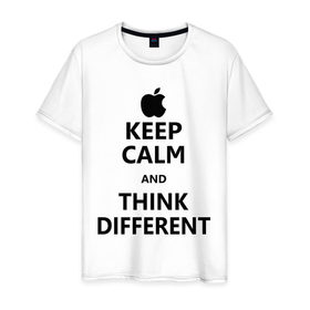 Мужская футболка хлопок с принтом Keep calm and think different в Новосибирске, 100% хлопок | прямой крой, круглый вырез горловины, длина до линии бедер, слегка спущенное плечо. | aplle | keep calm | keep calm and think different | сохраняйте спокойствие