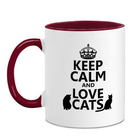 Кружка двухцветная с принтом Keep calm and love cats. в Новосибирске, керамика | объем — 330 мл, диаметр — 80 мм. Цветная ручка и кайма сверху, в некоторых цветах — вся внутренняя часть | keep calm | keep calm and love cats | сохраняйте спокойствие