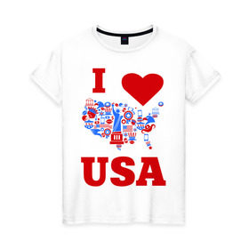 Женская футболка хлопок с принтом Я люблю Америку в Новосибирске, 100% хлопок | прямой крой, круглый вырез горловины, длина до линии бедер, слегка спущенное плечо | i love usa | я люблю америку