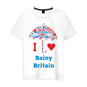 Мужская футболка хлопок с принтом я люблю Британию в Новосибирске, 100% хлопок | прямой крой, круглый вырез горловины, длина до линии бедер, слегка спущенное плечо. | i love rainy britain | rainy britain | зонт | зонтик | я люблю британию