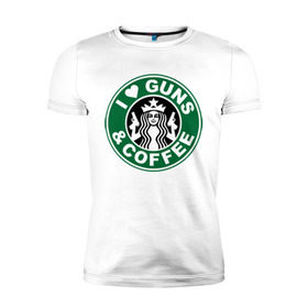 Мужская футболка премиум с принтом I Love Guns and Coffee пистолеты и кофе в Новосибирске, 92% хлопок, 8% лайкра | приталенный силуэт, круглый вырез ворота, длина до линии бедра, короткий рукав | я люблю кофе и пистолеты