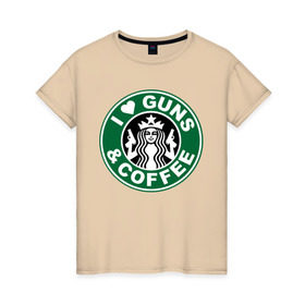 Женская футболка хлопок с принтом I Love Guns and Coffee пистолеты и кофе в Новосибирске, 100% хлопок | прямой крой, круглый вырез горловины, длина до линии бедер, слегка спущенное плечо | я люблю кофе и пистолеты