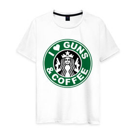 Мужская футболка хлопок с принтом I Love Guns and Coffee пистолеты и кофе в Новосибирске, 100% хлопок | прямой крой, круглый вырез горловины, длина до линии бедер, слегка спущенное плечо. | я люблю кофе и пистолеты