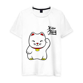 Мужская футболка хлопок с принтом Манэки-нэко (Maneki-Neko) в Новосибирске, 100% хлопок | прямой крой, круглый вырез горловины, длина до линии бедер, слегка спущенное плечо. | кошки | няш | символ счастья | японские кошки