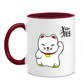 Кружка двухцветная с принтом Манэки-нэко (Maneki-Neko) в Новосибирске, керамика | объем — 330 мл, диаметр — 80 мм. Цветная ручка и кайма сверху, в некоторых цветах — вся внутренняя часть | Тематика изображения на принте: кошки | няш | символ счастья | японские кошки