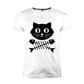 Мужская футболка премиум с принтом Пиратский знак кот и кости в Новосибирске, 92% хлопок, 8% лайкра | приталенный силуэт, круглый вырез ворота, длина до линии бедра, короткий рукав | киса | косточки от рыбы | кот | котенок | кошка | рыбка | черный кот