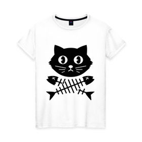Женская футболка хлопок с принтом Пиратский знак кот и кости в Новосибирске, 100% хлопок | прямой крой, круглый вырез горловины, длина до линии бедер, слегка спущенное плечо | киса | косточки от рыбы | кот | котенок | кошка | рыбка | черный кот