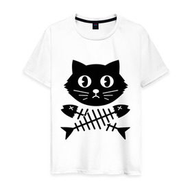 Мужская футболка хлопок с принтом Пиратский знак кот и кости в Новосибирске, 100% хлопок | прямой крой, круглый вырез горловины, длина до линии бедер, слегка спущенное плечо. | Тематика изображения на принте: киса | косточки от рыбы | кот | котенок | кошка | рыбка | черный кот