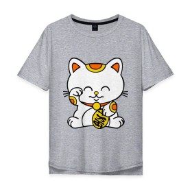 Мужская футболка хлопок Oversize с принтом Maneki-Neko Манэки – кошка удачи в Новосибирске, 100% хлопок | свободный крой, круглый ворот, “спинка” длиннее передней части | Тематика изображения на принте: киса | котенок | кошка удачи | японские кошки