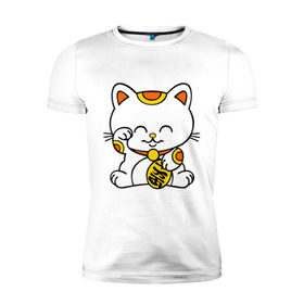 Мужская футболка премиум с принтом Maneki-Neko Манэки – кошка удачи в Новосибирске, 92% хлопок, 8% лайкра | приталенный силуэт, круглый вырез ворота, длина до линии бедра, короткий рукав | Тематика изображения на принте: киса | котенок | кошка удачи | японские кошки