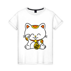 Женская футболка хлопок с принтом Maneki-Neko Манэки – кошка удачи в Новосибирске, 100% хлопок | прямой крой, круглый вырез горловины, длина до линии бедер, слегка спущенное плечо | Тематика изображения на принте: киса | котенок | кошка удачи | японские кошки