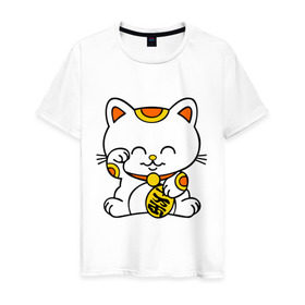 Мужская футболка хлопок с принтом Maneki-Neko Манэки – кошка удачи в Новосибирске, 100% хлопок | прямой крой, круглый вырез горловины, длина до линии бедер, слегка спущенное плечо. | киса | котенок | кошка удачи | японские кошки
