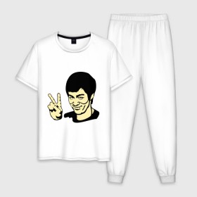 Мужская пижама хлопок с принтом Позитивный Брюс Ли в Новосибирске, 100% хлопок | брюки и футболка прямого кроя, без карманов, на брюках мягкая резинка на поясе и по низу штанин
 | брюс ли