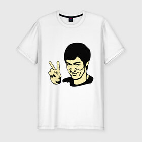 Мужская футболка премиум с принтом Позитивный Брюс Ли в Новосибирске, 92% хлопок, 8% лайкра | приталенный силуэт, круглый вырез ворота, длина до линии бедра, короткий рукав | брюс ли