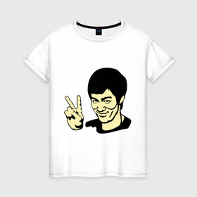 Женская футболка хлопок с принтом Позитивный Брюс Ли в Новосибирске, 100% хлопок | прямой крой, круглый вырез горловины, длина до линии бедер, слегка спущенное плечо | брюс ли