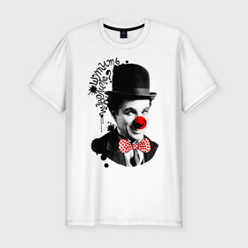 Мужская футболка премиум с принтом Чарли Чаплин в Новосибирске, 92% хлопок, 8% лайкра | приталенный силуэт, круглый вырез ворота, длина до линии бедра, короткий рукав | Тематика изображения на принте: 1 апреля | lera | день смеха | клоун | нос | прикол | шутить изволите | шутка | юморист