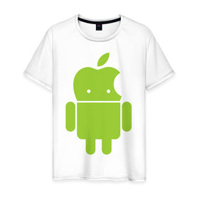 Мужская футболка хлопок с принтом Android Applehead в Новосибирске, 100% хлопок | прямой крой, круглый вырез горловины, длина до линии бедер, слегка спущенное плечо. | android | apple | админам | андроид | для админов | эпл