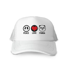 Кепка тракер с сеткой с принтом Peace, love, panda (мир любовь панда) в Новосибирске, трикотажное полотно; задняя часть — сетка | длинный козырек, универсальный размер, пластиковая застежка | Тематика изображения на принте: love | panda | peace | любовь | мир