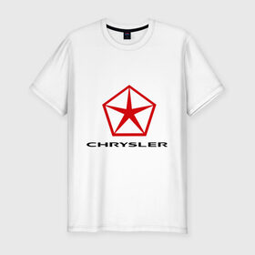 Мужская футболка премиум с принтом Chrysler вертикальный в Новосибирске, 92% хлопок, 8% лайкра | приталенный силуэт, круглый вырез ворота, длина до линии бедра, короткий рукав | chrysler | автомобиль chrysler | автомобиль краислер | краислер | логотип chrysler | логотип краислер