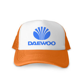 Кепка тракер с сеткой с принтом Logo daewoo в Новосибирске, трикотажное полотно; задняя часть — сетка | длинный козырек, универсальный размер, пластиковая застежка | daewoo | автомобиль daewoo | автомобиль дейву | дайву | логотип daewoo | логотип дайву | логотип дейву
