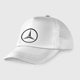 Детская кепка тракер с принтом Mercedes-Benz logo в Новосибирске, Козырек - 100% хлопок. Кепка - 100% полиэстер, Задняя часть - сетка | универсальный размер, пластиковая застёжка | Тематика изображения на принте: mercedes | mercedes benz | логотип mercedes | логотип mercedes benz | логотип мерседерс бенс | мерен | мерседерс | мерседерс бенс