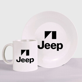 Набор: тарелка + кружка с принтом Jeep logo в Новосибирске, керамика | Кружка: объем — 330 мл, диаметр — 80 мм. Принт наносится на бока кружки, можно сделать два разных изображения. 
Тарелка: диаметр - 210 мм, диаметр для нанесения принта - 120 мм. | jeep | автомобиль jeep | автомобиль джип | джип | логотип jeep | логотип джип