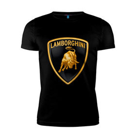 Мужская футболка премиум с принтом Lamborghini logo в Новосибирске, 92% хлопок, 8% лайкра | приталенный силуэт, круглый вырез ворота, длина до линии бедра, короткий рукав | Тематика изображения на принте: lamborghini | автомобиль lamborghini | ламборджини | ламборджини автомобиль | логотип lamborghini | логотип ламборджини