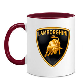 Кружка двухцветная с принтом Lamborghini logo в Новосибирске, керамика | объем — 330 мл, диаметр — 80 мм. Цветная ручка и кайма сверху, в некоторых цветах — вся внутренняя часть | Тематика изображения на принте: lamborghini | автомобиль lamborghini | ламборджини | ламборджини автомобиль | логотип lamborghini | логотип ламборджини