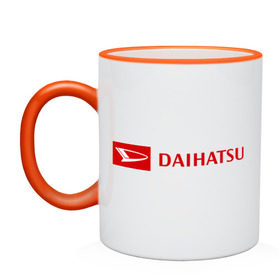 Кружка двухцветная с принтом Daihatsu logo в Новосибирске, керамика | объем — 330 мл, диаметр — 80 мм. Цветная ручка и кайма сверху, в некоторых цветах — вся внутренняя часть | daihatsu | автомобиль daihatsu | логотип daihatsu