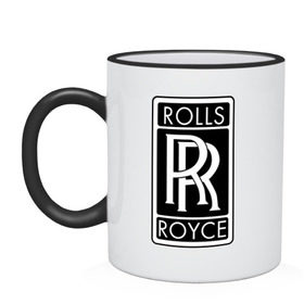 Кружка двухцветная с принтом Rolls-Royce в Новосибирске, керамика | объем — 330 мл, диаметр — 80 мм. Цветная ручка и кайма сверху, в некоторых цветах — вся внутренняя часть | rolls royce | rr | автобренды | автолюбителям | бренд | логотип | ролл ройс | ролс ройс
