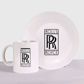Набор: тарелка + кружка с принтом Rolls-Royce logo в Новосибирске, керамика | Кружка: объем — 330 мл, диаметр — 80 мм. Принт наносится на бока кружки, можно сделать два разных изображения. 
Тарелка: диаметр - 210 мм, диаметр для нанесения принта - 120 мм. | Тематика изображения на принте: rolls royce | rr | автобренды | автолюбителям | бренд | логотип | ролл ройс | ролс ройс