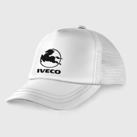 Детская кепка тракер с принтом Iveco в Новосибирске, Козырек - 100% хлопок. Кепка - 100% полиэстер, Задняя часть - сетка | универсальный размер, пластиковая застёжка | Тематика изображения на принте: iveco | автобренды | автолюбителям | бренд | ивеко | логотип