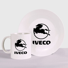 Набор: тарелка + кружка с принтом Iveco в Новосибирске, керамика | Кружка: объем — 330 мл, диаметр — 80 мм. Принт наносится на бока кружки, можно сделать два разных изображения. 
Тарелка: диаметр - 210 мм, диаметр для нанесения принта - 120 мм. | iveco | автобренды | автолюбителям | бренд | ивеко | логотип
