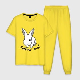 Мужская пижама хлопок с принтом Следуй за белым кроликом. в Новосибирске, 100% хлопок | брюки и футболка прямого кроя, без карманов, на брюках мягкая резинка на поясе и по низу штанин
 | Тематика изображения на принте: alice in wonderland | follow me | алиса в стране чудес | животное | заяц | зверь | кролик | следуй за мной