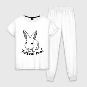 Женская пижама хлопок с принтом Следуй за белым кроликом в Новосибирске, 100% хлопок | брюки и футболка прямого кроя, без карманов, на брюках мягкая резинка на поясе и по низу штанин | Тематика изображения на принте: alice in wonderland | follow me | алиса в стране чудес | животное | заяц | зверь | кролик | следуй за мной