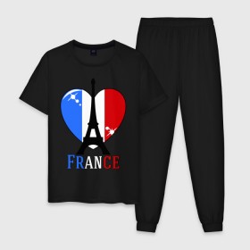 Мужская пижама хлопок с принтом Люблю Францию в Новосибирске, 100% хлопок | брюки и футболка прямого кроя, без карманов, на брюках мягкая резинка на поясе и по низу штанин
 | france | i love france | париж | франция | эйвелева башня | я люблю францию