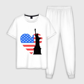 Мужская пижама хлопок с принтом Люблю Америку в Новосибирске, 100% хлопок | брюки и футболка прямого кроя, без карманов, на брюках мягкая резинка на поясе и по низу штанин
 | usa | америка | люблю америку | статуя свободы | сша | штаты | я люблю америку