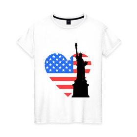 Женская футболка хлопок с принтом Люблю Америку в Новосибирске, 100% хлопок | прямой крой, круглый вырез горловины, длина до линии бедер, слегка спущенное плечо | usa | америка | люблю америку | статуя свободы | сша | штаты | я люблю америку