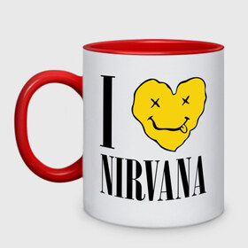 Кружка двухцветная с принтом I love Nirvana в Новосибирске, керамика | объем — 330 мл, диаметр — 80 мм. Цветная ручка и кайма сверху, в некоторых цветах — вся внутренняя часть | i love nirvana | nirvana | нирвана | я люблю нирвану