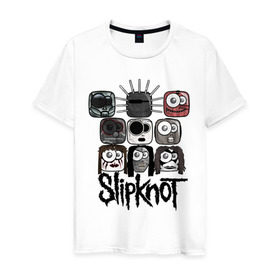 Мужская футболка хлопок с принтом Slipknot masks в Новосибирске, 100% хлопок | прямой крой, круглый вырез горловины, длина до линии бедер, слегка спущенное плечо. | metall | метал | металл | нью метал | слипкнот
