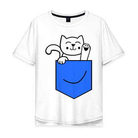 Мужская футболка хлопок Oversize с принтом Котенок в кармане в Новосибирске, 100% хлопок | свободный крой, круглый ворот, “спинка” длиннее передней части | Тематика изображения на принте: киса | котенок | котик | кошка