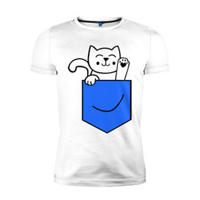Мужская футболка премиум с принтом Котенок в кармане в Новосибирске, 92% хлопок, 8% лайкра | приталенный силуэт, круглый вырез ворота, длина до линии бедра, короткий рукав | Тематика изображения на принте: киса | котенок | котик | кошка