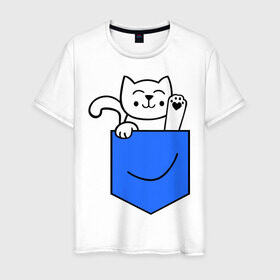 Мужская футболка хлопок с принтом Котенок в кармане в Новосибирске, 100% хлопок | прямой крой, круглый вырез горловины, длина до линии бедер, слегка спущенное плечо. | Тематика изображения на принте: киса | котенок | котик | кошка