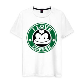 Мужская футболка хлопок с принтом I love coffee (я люблю кофе) в Новосибирске, 100% хлопок | прямой крой, круглый вырез горловины, длина до линии бедер, слегка спущенное плечо. | Тематика изображения на принте: 