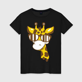 Женская футболка хлопок с принтом Жираф в очках в Новосибирске, 100% хлопок | прямой крой, круглый вырез горловины, длина до линии бедер, слегка спущенное плечо | животные | жираф | очки