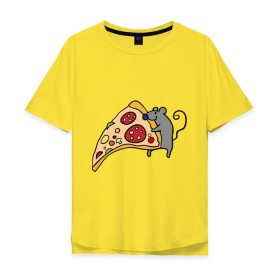 Мужская футболка хлопок Oversize с принтом Кусочек пиццы парная в Новосибирске, 100% хлопок | свободный крой, круглый ворот, “спинка” длиннее передней части | Тематика изображения на принте: pizza | влюбленным | для влюбленных | для двоих | для пар | мышонок | пара | парные | пицца